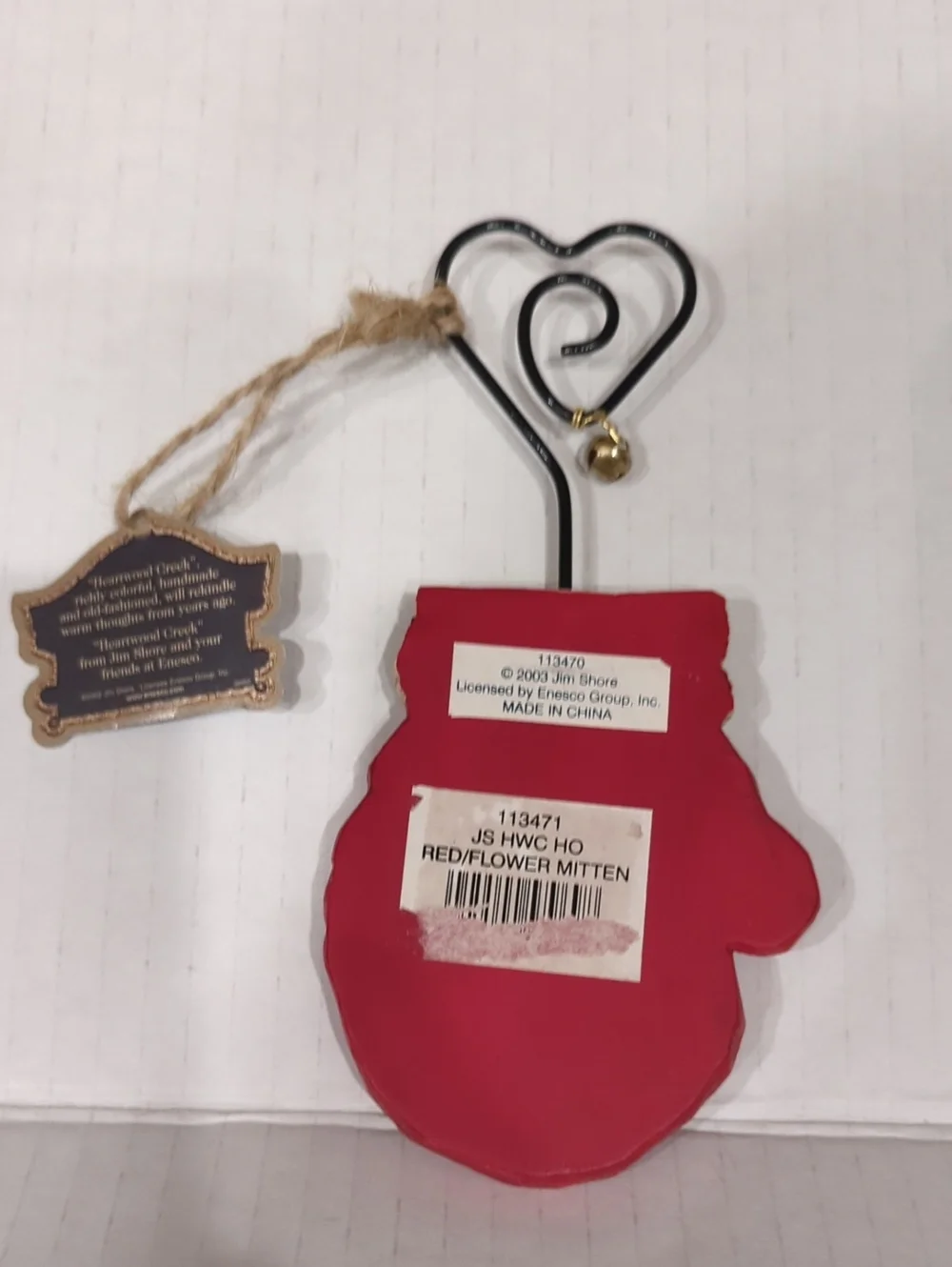 VTG 2003 Jim Shore Heartwood Creek Red Flower Mitten Ornament Enesco 113470